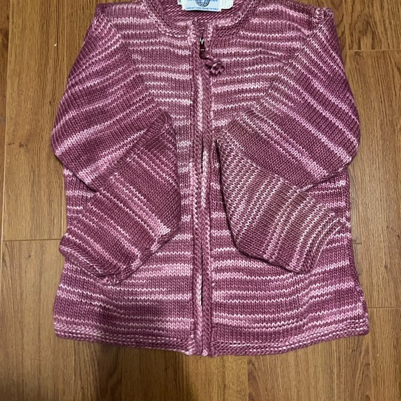This is a cotton zip up sweater with pockets. Mauve and light pink striped. - Picture 2 of 4
